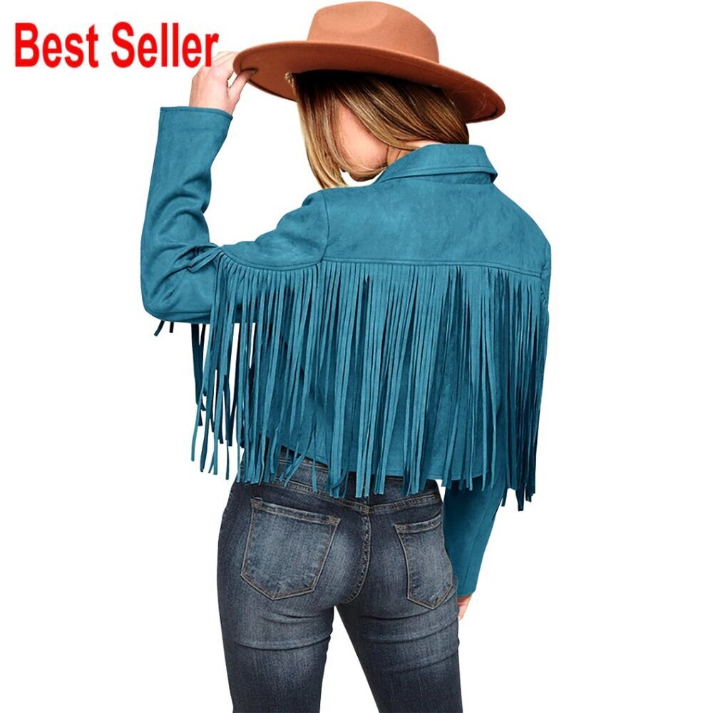 Faux Suede Fringe Motorcycle Jacket Cropped Coat Slim Fit